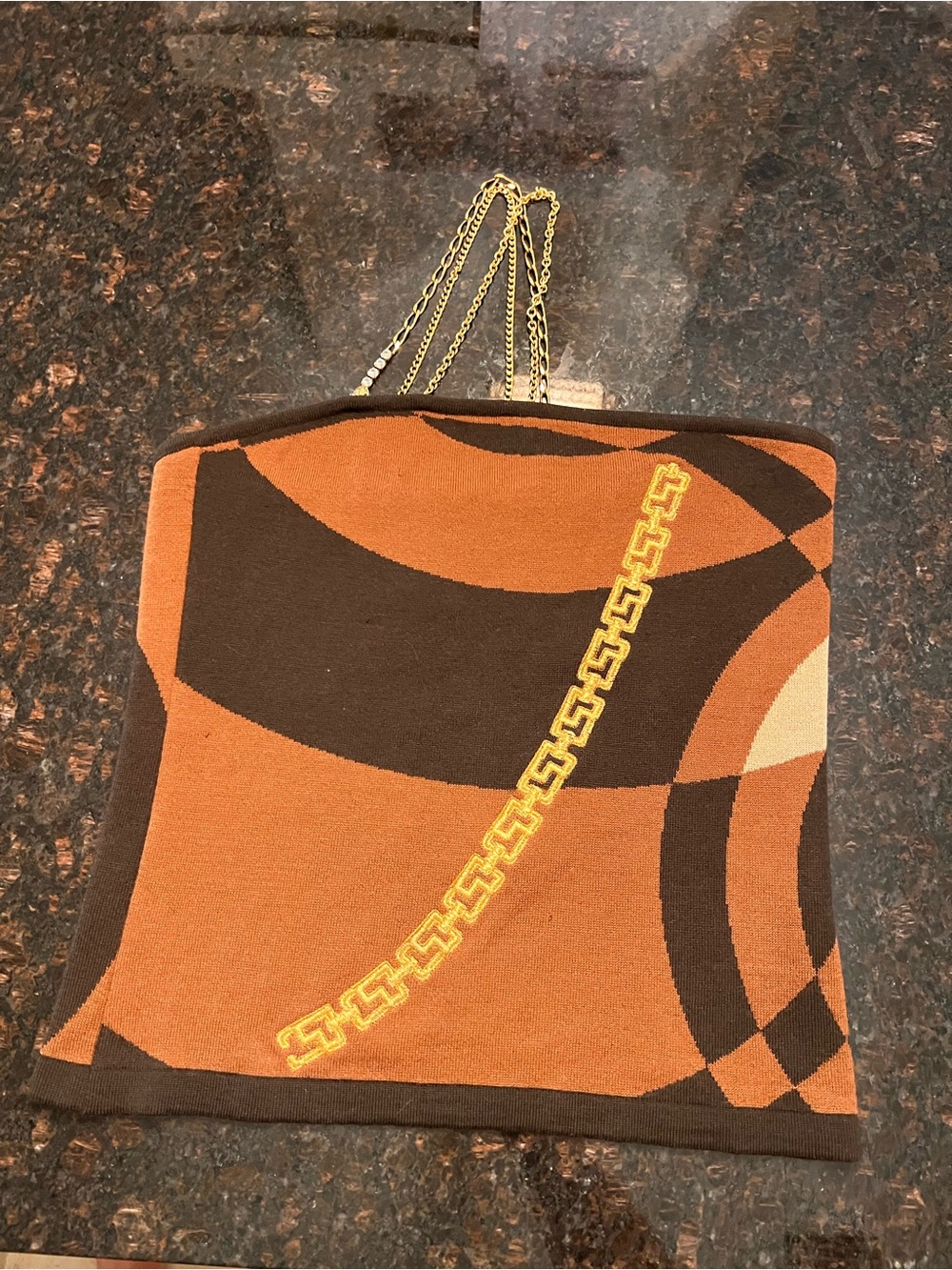 Vintage Y2K VERSACE JEANS COUTURE Chain Halter Top L Brown Orange Greca Knit Med